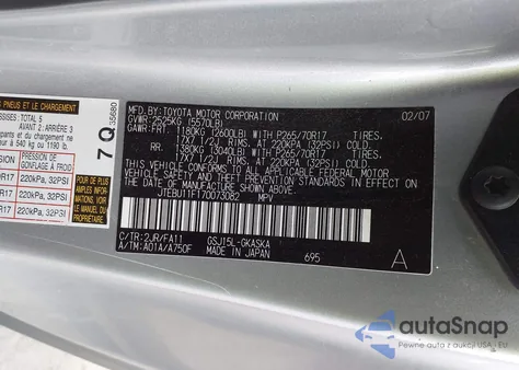 2007 Toyota Fj Cruiser z USA, uszkodzony, nr VIN JTEBU11F170073082